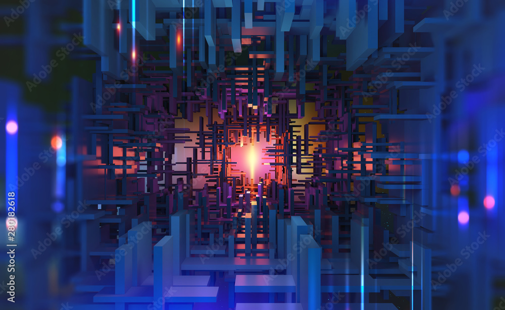 Leinwandbilder Abstract purple, neon background. Digital technology. Concept of high tech internet network. 3D illustration of processor of future in orbital cyber tunnels
