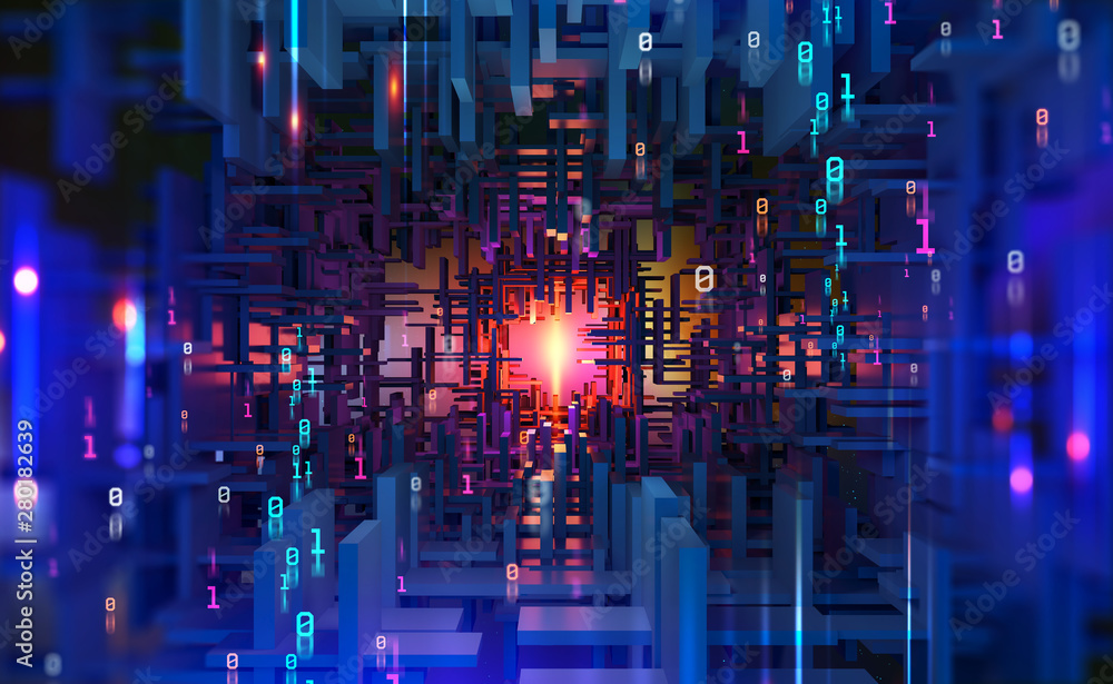 Aufkleber Abstract purple, neon background. Digital technology. Concept of high tech internet network. 3D illustration of processor of future in orbital cyber tunnels