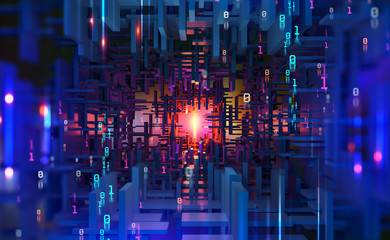 Abstract purple, neon background. Digital technology. Concept of high tech internet network. 3D illustration of processor of future in orbital cyber tunnels