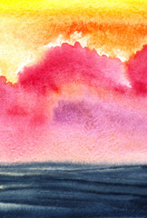 Colorful hand drawn seascape. Fiery aurora sunset with soft pink and lilac gradient of fluffy clouds above dark smooth water with striped surface. Abstract watercolor illustration on paper texture.