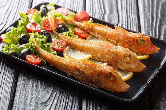 Portion of fried fish gurnard served with fresh vegetable salad and lemon close-up on a plate. horizontal