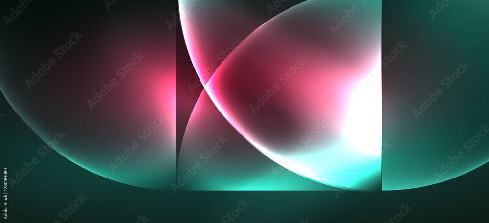 Fototapete techno glowing glass geometric shapes vector background, futuristic dark template with neon light ef