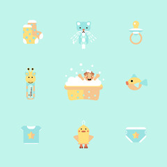 Set flat style icons of happy baby bathing and playing with foam bubbles. Simple objects for kid shower. 
