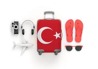 Obraz na płótnie Canvas Turkey flag suitcase and travel accessories lay flat. 3D Render
