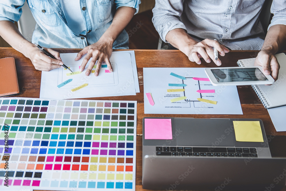 Sticker team of creative web/graphic designer planning, drawing website ux app for mobile phone application 
