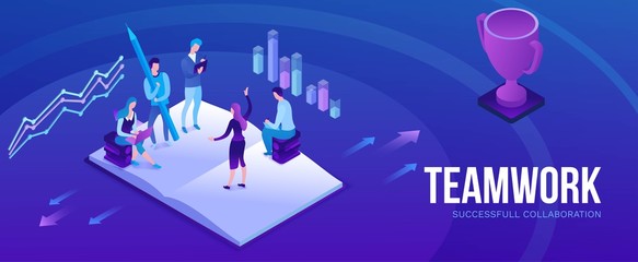 Teamwork 3d isometric illustration, employee win trophy, infographic hero leadership concept, business people in collaboration, successful person win cup, horizontal banner, website layout, ui