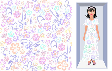 Vector seamless floral pattern for design of cotton fabric, silk. Cartoon doll in a box in a floral pattern swatch