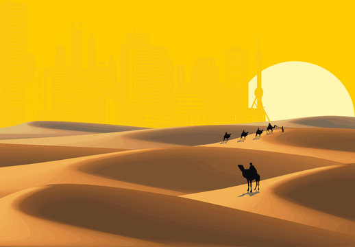 Sandy desert, caravan in the desert. Ghost town in the desert © aleksey