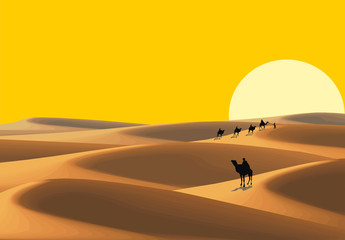 Fototapeta na wymiar Sandy desert, caravan in the desert. Ghost town in the desert