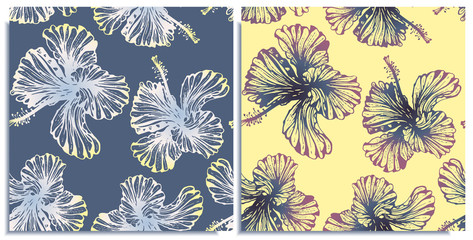 Vector set of seamless patterns with wonderful colorful hibiscus, hand-drawn in graphic and real-style at the same time. Delicate colors: blue, white, yellow, purple. Looks vintage, beautiful