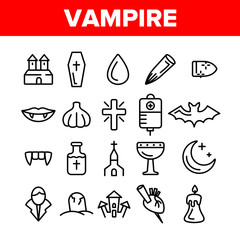 Protection From Vampire Vector Linear Icons Set. Weapons Vampire Hunter Outline Cliparts. Halloween Decoration Pictograms Collection. Garlic, Silver Bullets, Aspen Stake, Cross Thin Line Illustration