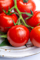 Bunch of fresh ripe red tomatoes with leaves on board and  white background