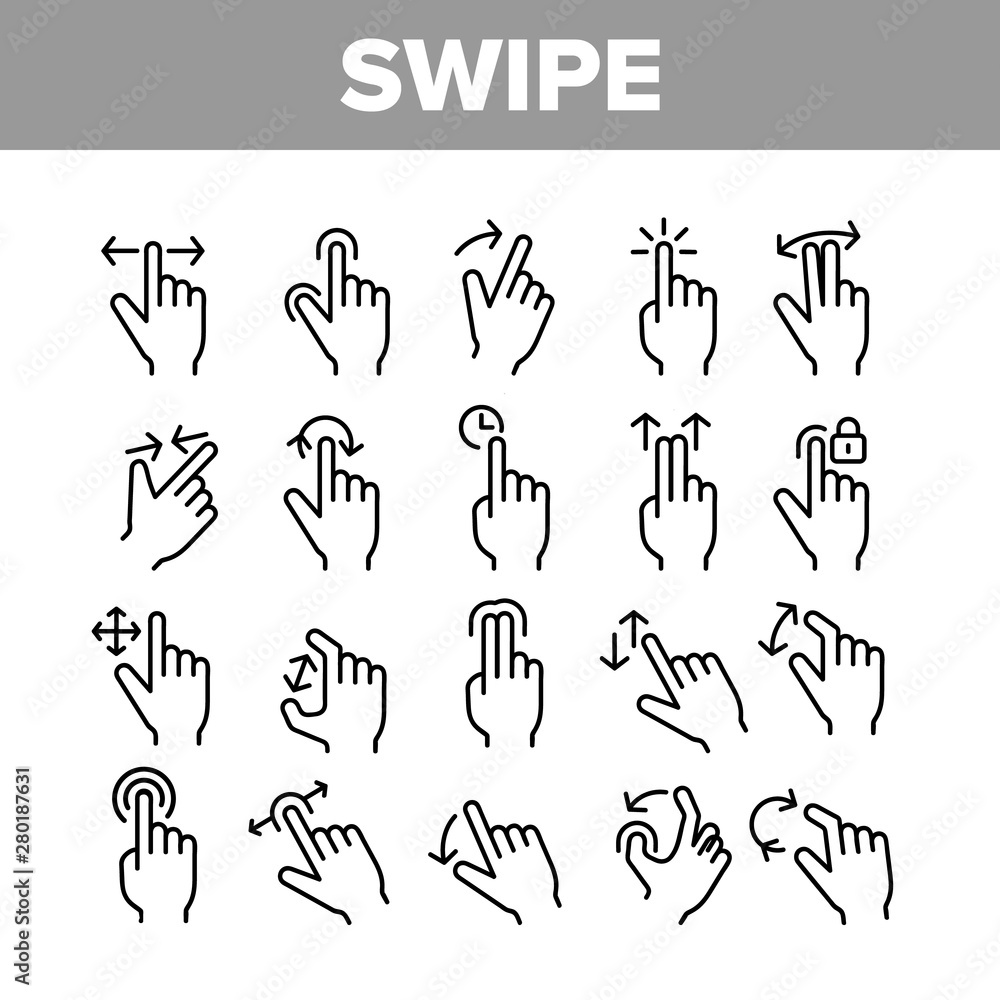 Poster swipe gesture touches vector linear icons set. touchscreen swipe gesturing outline cliparts. drag fi