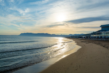 Coastline with sandy beach and clear sea water in Alcamo Marina, small town in Sicily, Italy, summer vacation destination