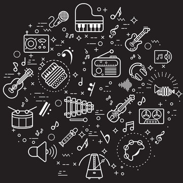 Simple Set of music and sound Related Vector Line Illustration. Contains such Icons as musical note, guitar, radio and instrument and Other Elements.  background color black