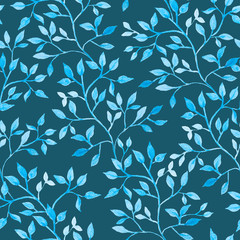 Blue tree branch, watercolor painting - seamless pattern with foliage on navy blue background
