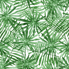 Green palm leaves, tropical watercolor painting -  seamless pattern on white background