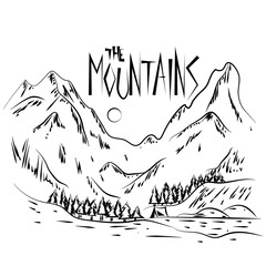 Graphic illustration of a resting place in the mountains in a tent with text. Mountain landscape with forest and tent by the lake. Illustration for t-shirts, trenches or covers.