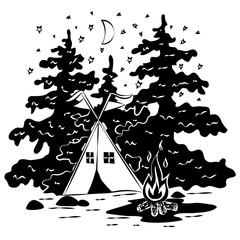 Graphic illustration of a resting place in the forest in a tent in black and white color. Mountain landscape with a forest and a tent with a fire. Illustration for t-shirts, trenches or covers.