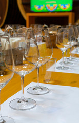 Professional wine tasting, sommelier course, clean empty wine glasses for different wines