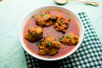 Lauki Kofta Curry made using Bottel Gourd or Doodhi, served in a bowl or karahi. selective focus