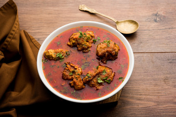 Lauki Kofta Curry made using Bottel Gourd or Doodhi, served in a bowl or karahi. selective focus