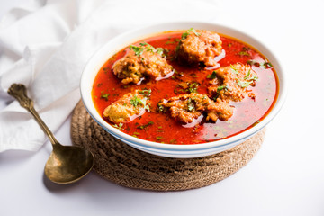 Lauki Kofta Curry made using Bottel Gourd or Doodhi, served in a bowl or karahi. selective focus