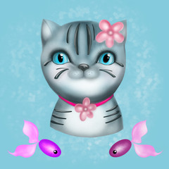 Fototapeta premium Digital illustration of a bengal cat head with stripes and shadows on a blue textural background.
