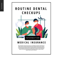 Medical insurance template -routine dental checkups - modern flat vector concept digital illustration of a dental procedure - patient, dentist checking teeth and nurse, the dental office or laboratory