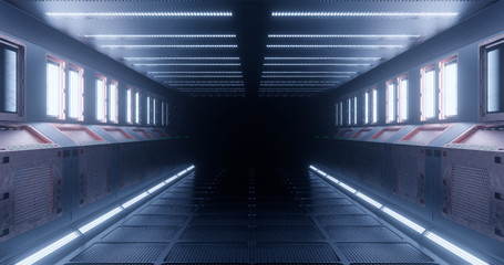 3d rendering. The fantastic corridor of the space station or the futuristic interior of the space ship in light blue neon lighting. Graphic illustration.