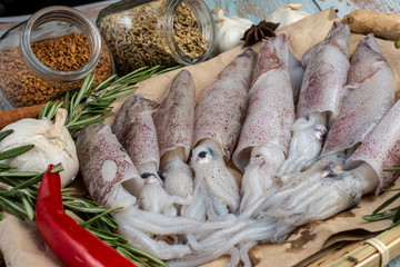 Fresh Raw Squids surrounded by spices and ingredient on a wooden table