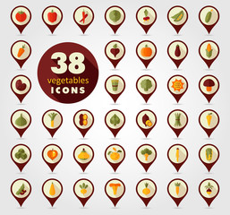 Vegetables flat retro pin map icons set