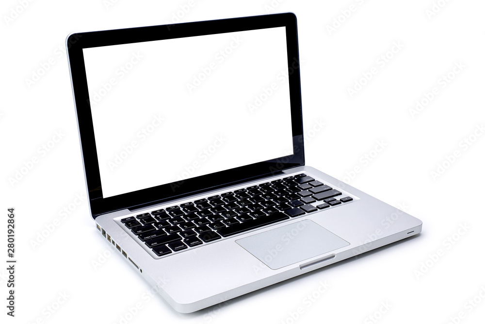 Poster laptop computer with blank screen isolated on white background, with selection path.