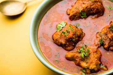 Lauki Kofta Curry made using Bottel Gourd or Doodhi, served in a bowl or karahi. selective focus