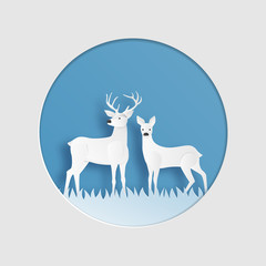 Love couple of reindeer in winter grass field in paper cut style. Creative vector illustration Christmas celebration. Valentines day concept. Backdrop, Poster, Brochure, Banner, Flyer, Greeting car
