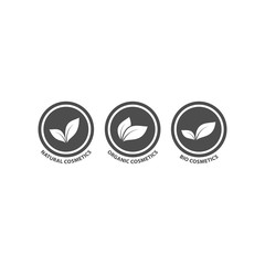 Bio, natural and organic cosmetics black circle vector badge set. Natural, organic, bio cosmetics stamp label icon set