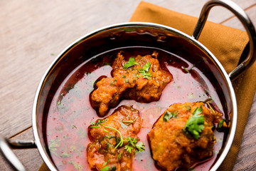 Lauki Kofta Curry made using Bottel Gourd or Doodhi, served in a bowl or karahi. selective focus