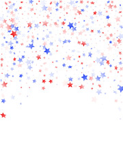 Flying red blue white star sparkles on white vector american patriotic background.