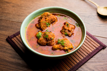 Lauki Kofta Curry made using Bottel Gourd or Doodhi, served in a bowl or karahi. selective focus