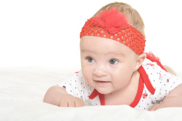 Portrait of cute baby girl on white background