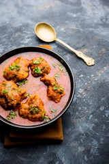 Lauki Kofta Curry made using Bottel Gourd or Doodhi, served in a bowl or karahi. selective focus