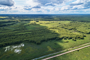 Fototapeta na wymiar Aerial photography with a drone. Landscape with green forest, road and river.
