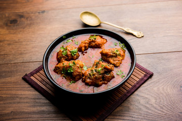 Lauki Kofta Curry made using Bottel Gourd or Doodhi, served in a bowl or karahi. selective focus