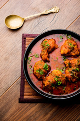 Lauki Kofta Curry made using Bottel Gourd or Doodhi, served in a bowl or karahi. selective focus
