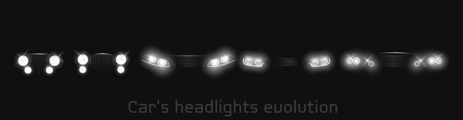 Car headlights evolution, glowing front view headlamps timeline from retro automobile to modern luxury xenon, laser or LED vehicle lamps isolated on black background realistic 3d vector illustration
