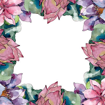 Lotus floral botanical flowers. Watercolor background illustration set. Frame border ornament square.