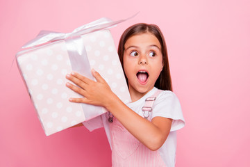 Photo of little lady hands hold large giftbox christmas holidays unbelievable surprise wear overall...