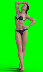 Naklejka premium Beauty and health of the female body. Confident and proud beautiful woman in a gray swimsuit and jewelry on her hands proud of her body. 3d render