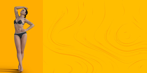 Beauty and health of the female body. Confident and proud beautiful woman in a gray swimsuit and jewelry on her hands proud of her body. 3d render