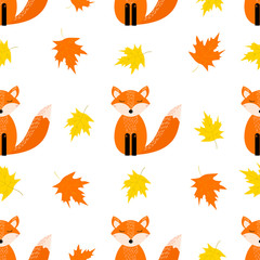 Autumn seamless pattern with cute fox, leaves on the white background.